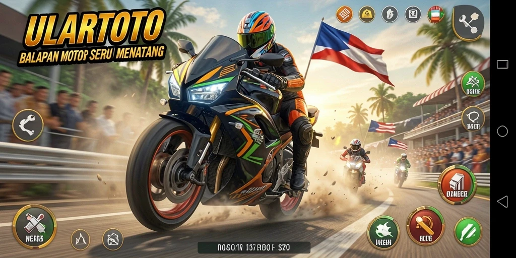 Tampilan gameplay seru dari ULARTOTO dengan balapan motor yang menegangkan.